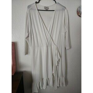 White Stretchy Knit Ruffled Hem Wrap Look Dress 2X
